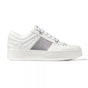 Jimmy Choo Women Hawaiif White Calf Leather Lace-Up Trainers with Glitter Stripe