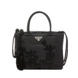 Prada Women Embroidered Nylon in Leather Handbag-Black