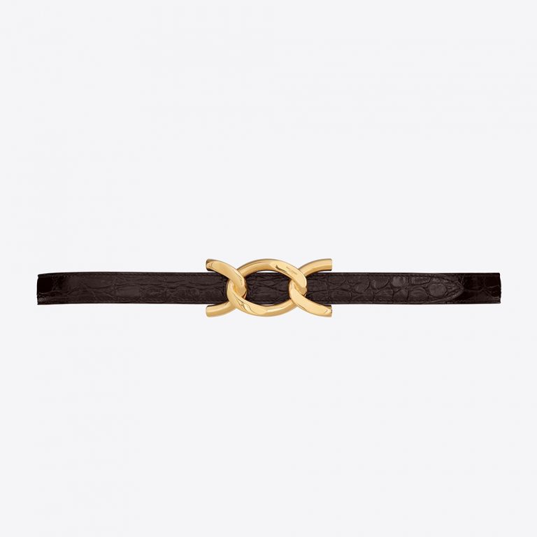 Saint Laurent YSL Women Chain-Buckle Belt in Crocodile-Embossed Shiny Leather