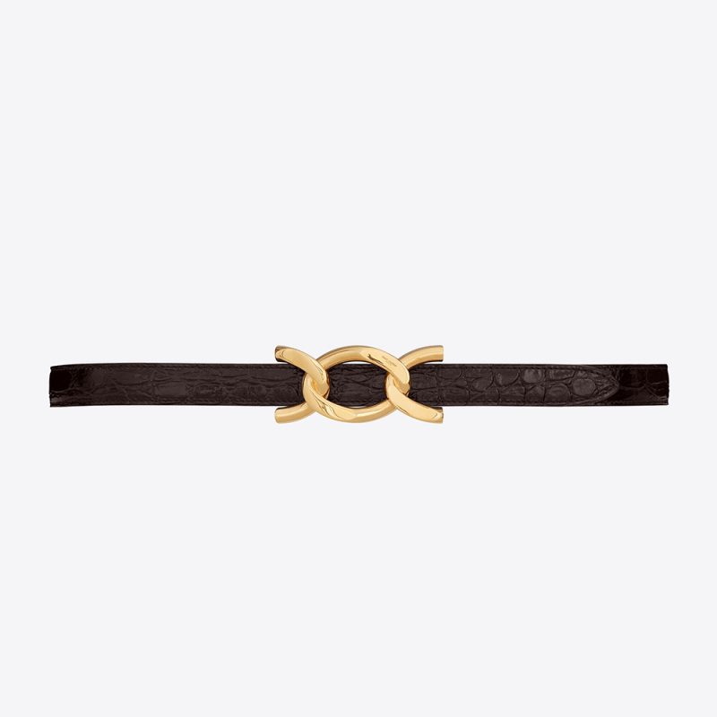 Saint Laurent YSL Women Chain-Buckle Belt in Crocodile-Embossed Shiny Leather