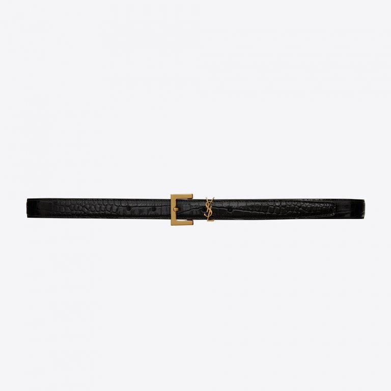 Saint Laurent YSL Women Monogram Narrow Belt with Square Buckle in Crocodile Embossed Leather
