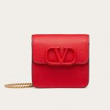 Valentino Women Vlogo Signature Compact Grainy Calfskin Wallet with Chain-red