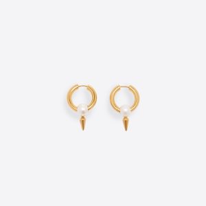 Balenciaga Women Force Spike Earrings in Gold-toned Sterling Silver and White Acrylic