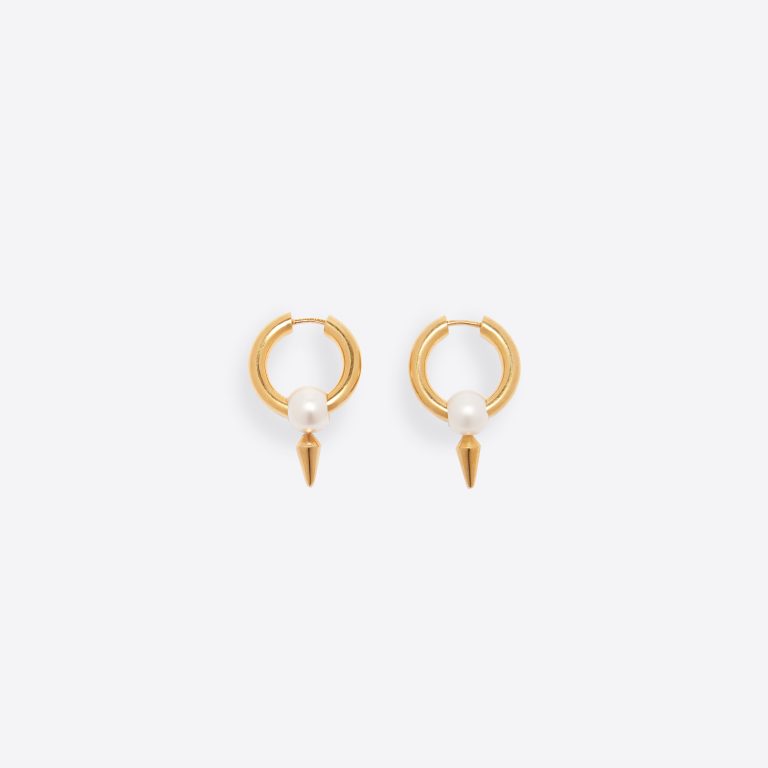 Balenciaga Women Force Spike Earrings in Gold-toned Sterling Silver and White Acrylic