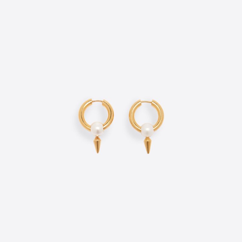 Balenciaga Women Force Spike Earrings in Gold-toned Sterling Silver and White Acrylic