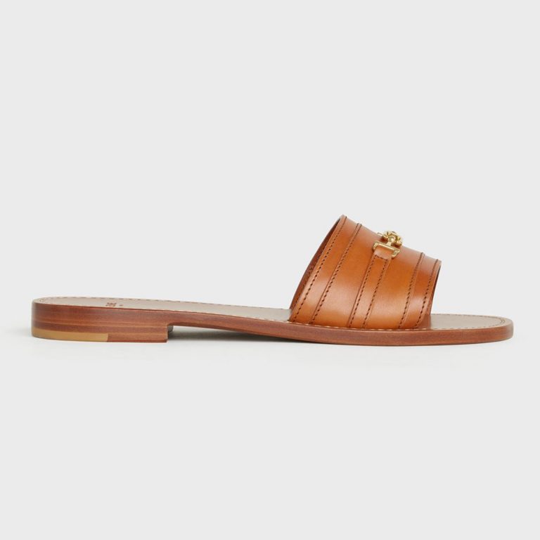 Celine Women Lerins Triomphe Slide in Vegetal Calfskin-Brown