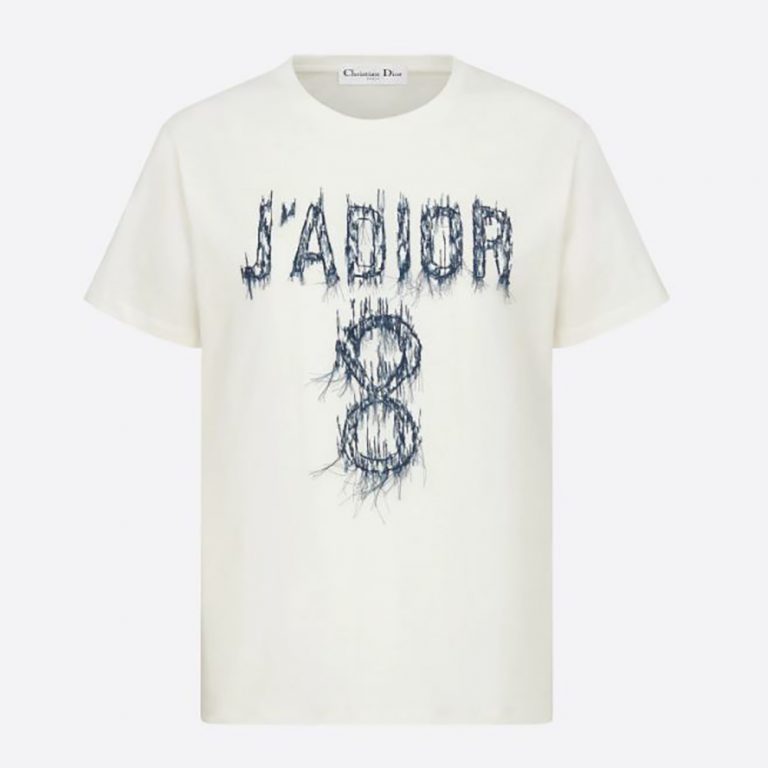 Dior Women J Adior 8 Embroidered T-shirt White and Navy Blue Cotton Jersey