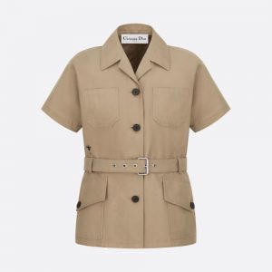 Dior Women Short-Sleeved Belted Jacket Beige Cotton Gabardine