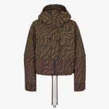 Fendi Women Brown Canvas Jacket with Drawstring Hood and Front Patch Pockets