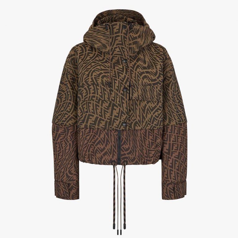 Fendi Women Brown Canvas Jacket with Drawstring Hood and Front Patch Pockets