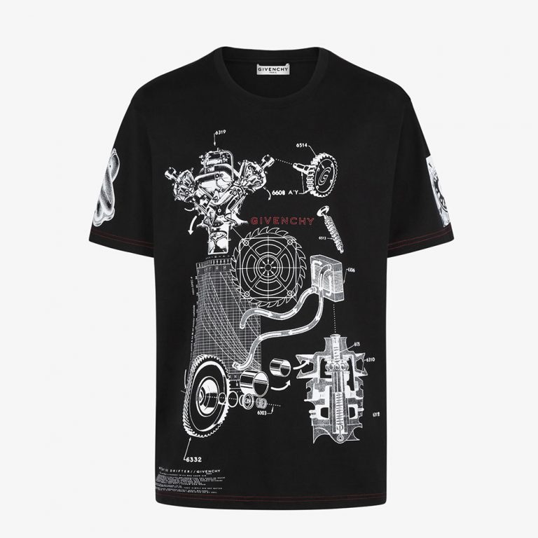 Givenchy Men Schematics T-shirt with Red GIVENCHY Signature on the Chest-Black