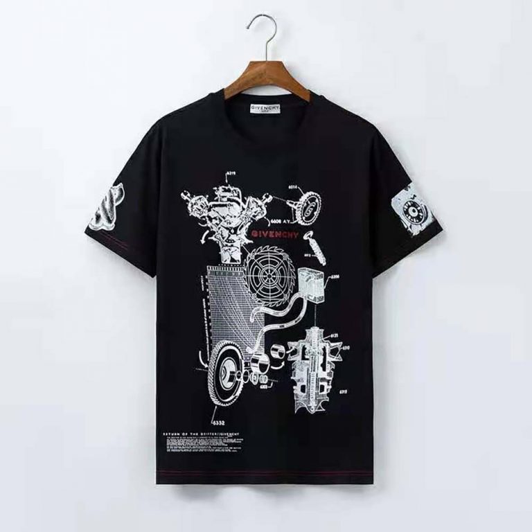 Givenchy Men Schematics T-shirt with Red GIVENCHY Signature on the Chest-Black