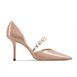 Jimmy Choo Women Aurelie 85 Ballet Pink Patent Leather Pointed Pumps with Pearl Embellishment