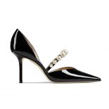 Jimmy Choo Women Aurelie 85 Black Patent Leather Pointed Pumps with Pearl Embellishment