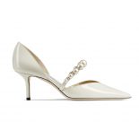 Jimmy Choo Women Aurelie 85 Latte Patent Leather Pointed Pumps with Pearl Embellishment