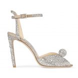 Jimmy Choo Women Sacora 100 Nude Suede Sandals with Hotfix Crystals and Sphere Detail
