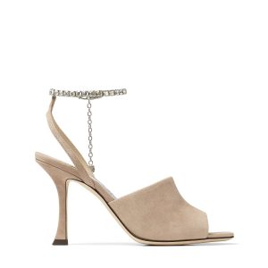 Jimmy Choo Women Sae 90 Ballet Pink Suede Sandals with Crystal Chain Embellishment