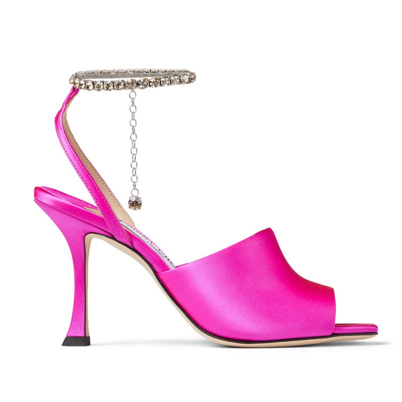 Jimmy Choo Women Sae 90 Fuchsia Satin Sandals with Crystal Chain Embellishment