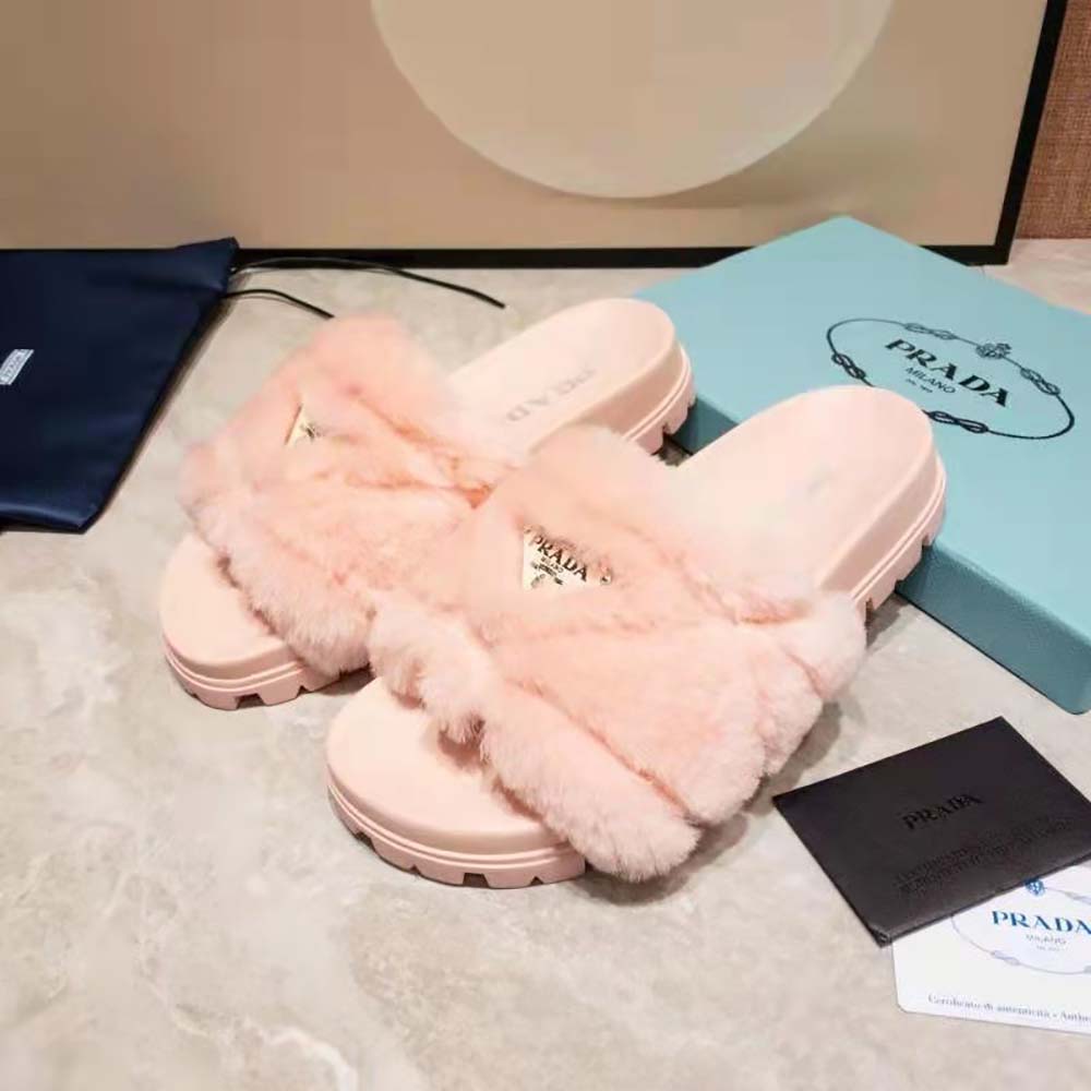 prada pink fur slides