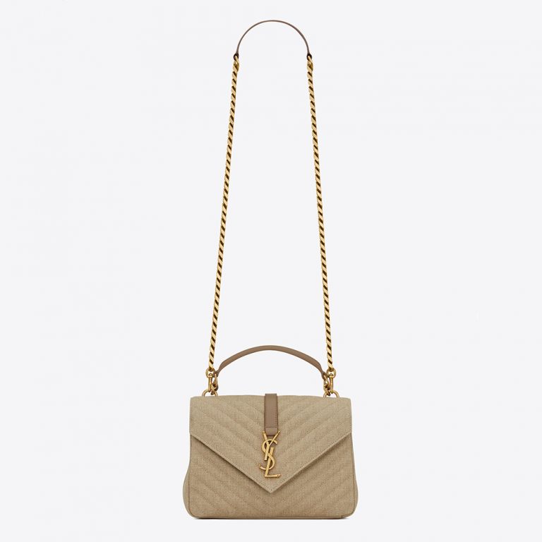 Saint Laurent YSL Women College Medium in Quilted Linen Canvas and Leather
