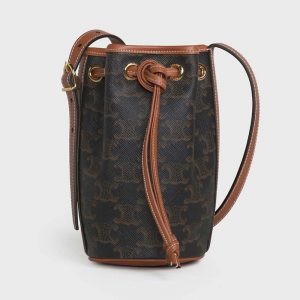 Celine Women Micro Drawstring in Triomphe Canvas and Calfskin-Brown