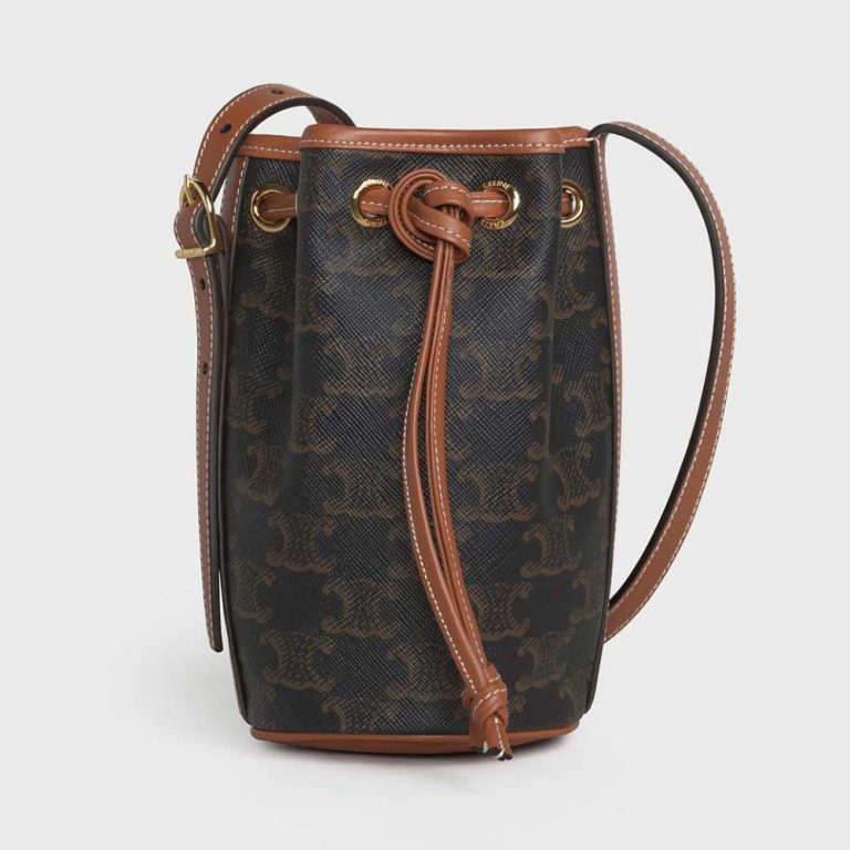 Celine Women Micro Drawstring in Triomphe Canvas and Calfskin-Brown