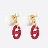 Dior Women Tribales Earrings Gold-Finish Metal and White Resin Pearls with Raspberry Lacquer