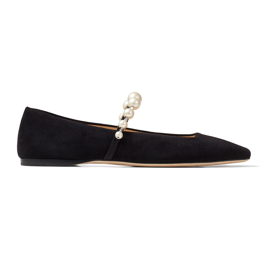 Jimmy Choo Women Ade Flat Ballet Black Suede Flats with Pearl Embellishment