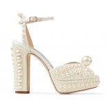 Jimmy Choo Women Sacariapf 120 White Satin Platform Sandals with All-Over Pearl Embellishment