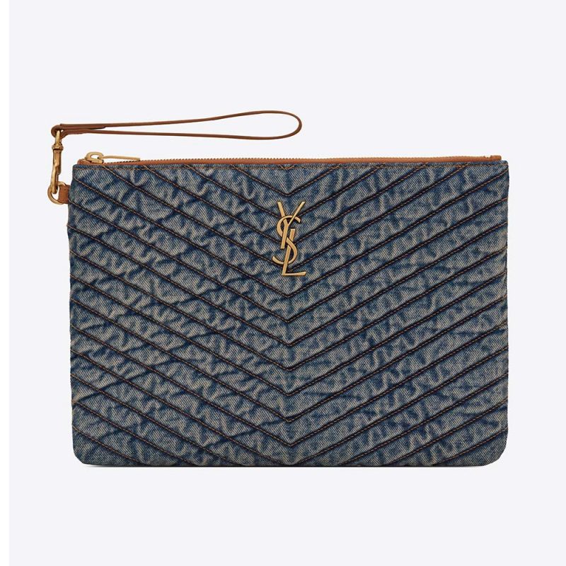 Saint Laurent YSL Women Monogram Tablet Pouch in Quilted Vintage Denim and Suede
