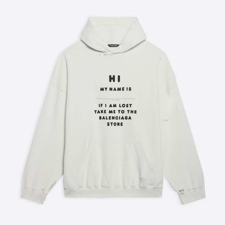 Balenciaga Women Hi My Name Is Boxy Hoodie in White and Black Medium Fleece