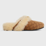 Celine Women Fur Slides Triomphe Closed Slipper in Suede Calfskin and Shearling