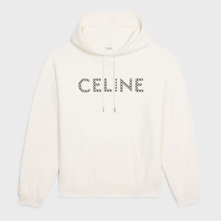 Celine Women Loose Sweatshirt in Cotton Fleece with Studs-White