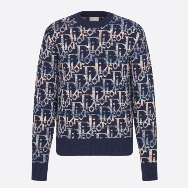Dior Men Oblique Sweater Navy Blue Wool Jacquard