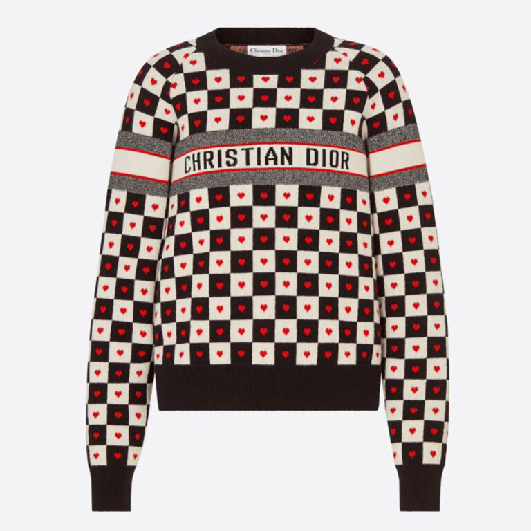 Dior Women Dioramour Sweater Black White and Red D-Chess Heart Double-Sided Technical Cashmere Knit and Wool