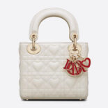 Dior Women Mini Lady Dior Dioramour Bag Latte Cannage Lambskin with Heart Motif-White