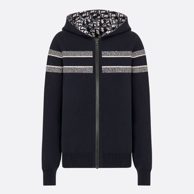 Dior Women Reversible Zipped Cardigan with Hood Blue Dior Oblique Technical Cashmere