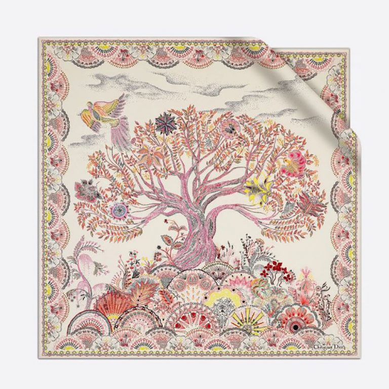 Dior Women Tree of Life Square Scarf Beige Silk Twill
