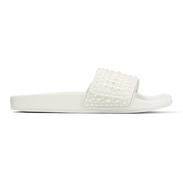 Jimmy Choo Women Fitz/F White Canvas and Leather Pool Slides with Pearls