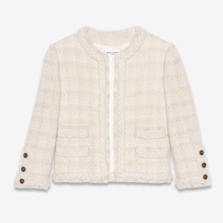 Saint Laurent YSL Women Short Jacket in Check Wool and Silk Tweed