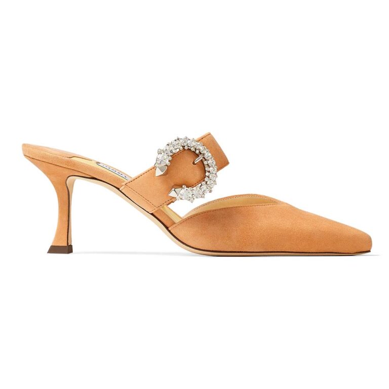 Jimmy Choo Women Marta 70 Caramel Suede Mules with Crystal Buckle