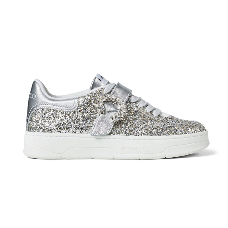 Jimmy Choo Women Osaka Lace up Platinum Dazzling Coarse Glitter Fabric Low Top Trainers