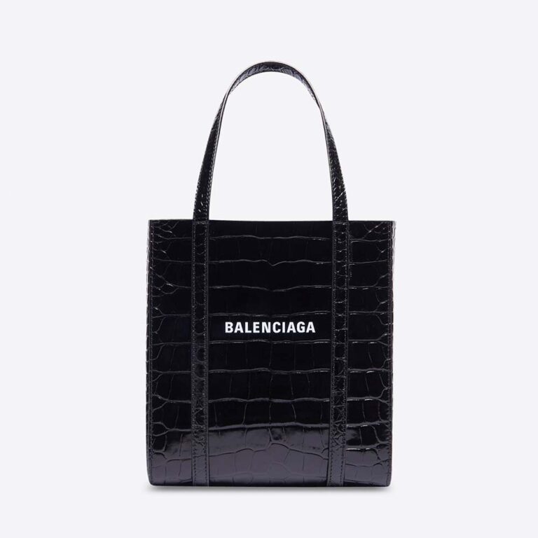 Balenciaga Women Everyday XXS Tote Bag in Black Shiny Crocodile Embossed Calfskin