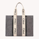 Chloe Women Large Woody Tote Bag in Recycled Felt and Shiny Calfskin-Gray