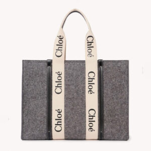 Chloe Women Large Woody Tote Bag in Recycled Felt and Shiny Calfskin-Gray