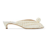 Jimmy Choo Women Samantha 35 White Satin Mules with All-Over Pearls