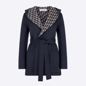 Dior Women Cropped Coat with Hood and Belt Navy Blue Double-Sided Wool