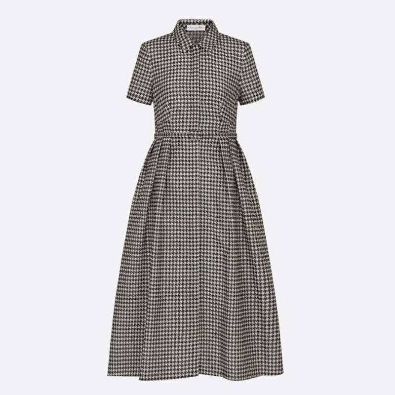 Dior Women Mid-Length Belted Dress Black and White Technical Cotton Jacquard and Silk