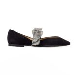 Jimmy Choo Women Krista Flat Black Suede Flats with Crystal-Embellished Strap