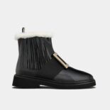 Roger Vivier Women Viv' Rangers Metal Buckle Fur Booties in Patent Leather